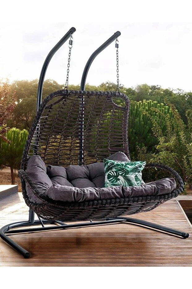 Komfor Çift Kişilik Rattan Salıncak Kahve Gri Oturum